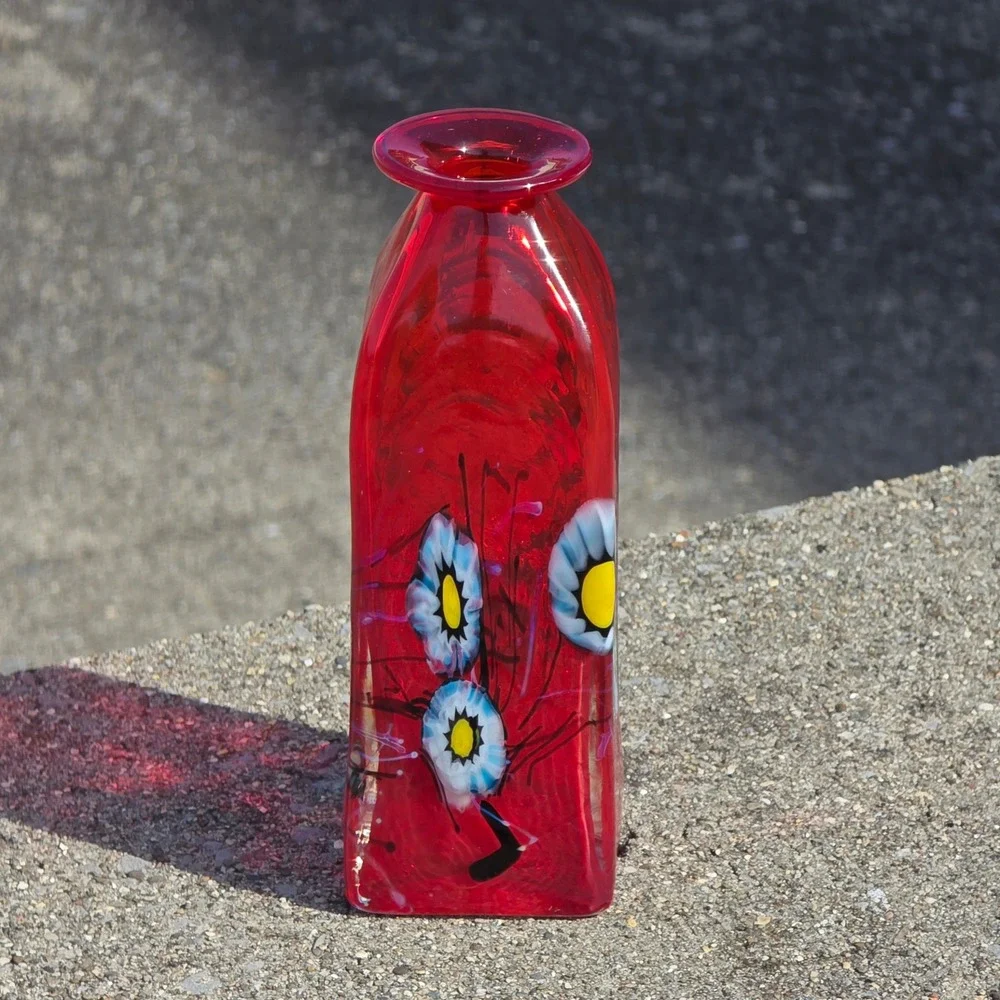 Herb A. Thomas Signed Red Art Glass Millefiori Floral Murrine Bottle Vase 6.5